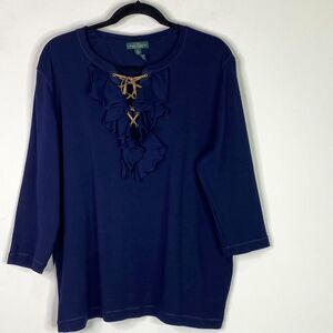 Lauren Ralph Lauren Ruffle Lace Up Three Quarter Sleeve Top Women's Size 2XL